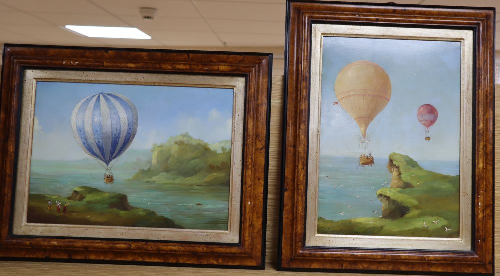 L.M., two oils on card, Ballooning scenes, initialled, 24 x 34cm and 34 x 24cm